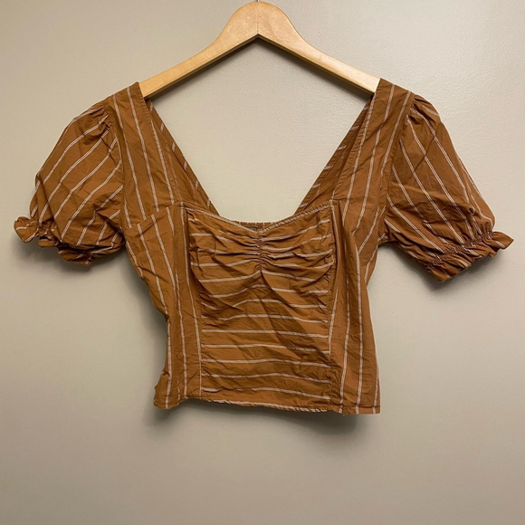 Free People Rose Garden Crop Top Medium Mustard Striped Smocked - Picture 3 of 7